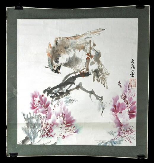 Early 20th C. Chinese Painting w/ Falcon & Flowers