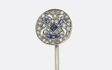 Edwardian Sapphire and Diamond Smiley Face Jabot Pin