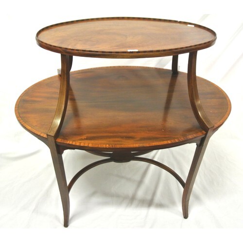 Edwardian oval 2 tier inlaid mahogany occasional table with ...
