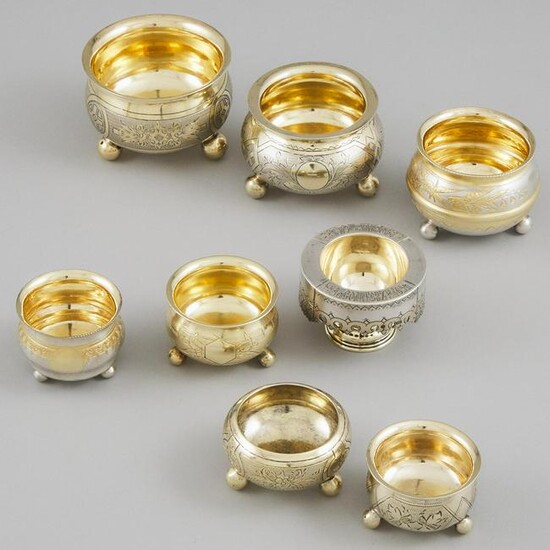 Eight Russian Silver and Silver-Gilt Salt Cellars, late