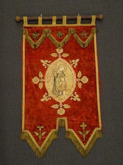 Embroidered drape with Archangel and child- Velvet, gold brocade- Late 19th century