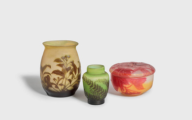 Émile Gallé Oval vase, fern vase, and lidded box