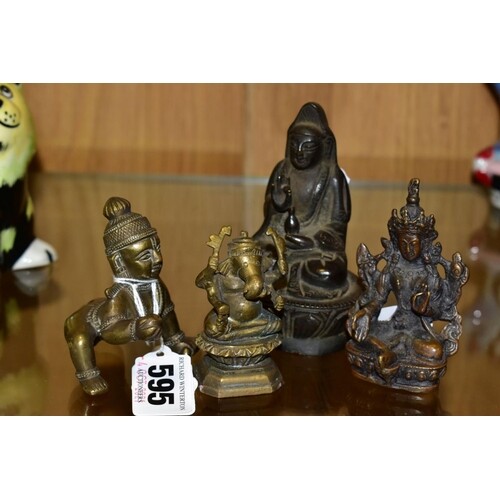 FOUR SMALL ASIAN BRONZE FIGURES comprising Balakrishna in cr...