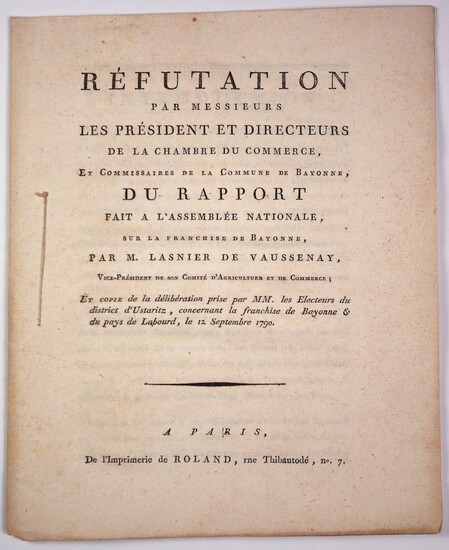 FRANCHISE DE BAYONNE (64). 1790. «Réfutation... - Lot 295 - Vermot et Associés