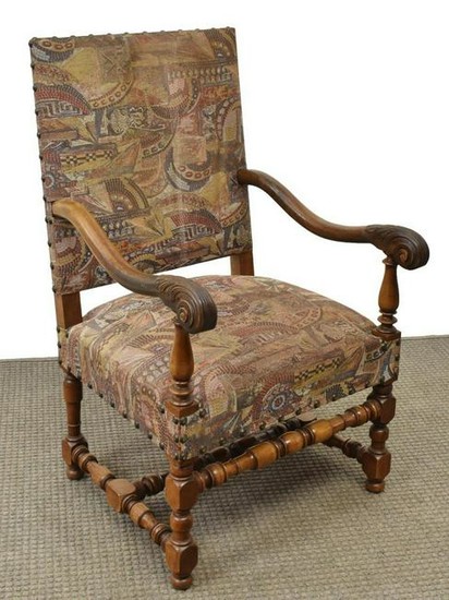 FRENCH LOUIS XIII STYLE WALNUT HIGHBACK FAUTEUIL