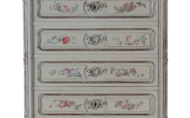 FRENCH PAINT DECORATED AND CARVED LOUIS XV STYLE CHEST OF...