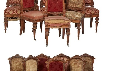 Fifteen Antique William IV Style Carved Oak Chairs, c. 1880, the beaded and bellflower acanthus