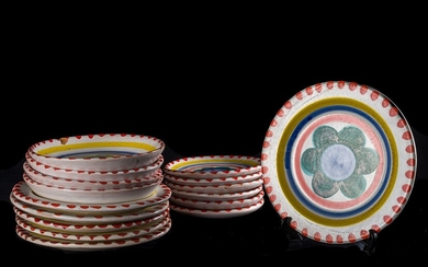 Five dinner plates, six fruit plates, three De Simone ceramic soup plates 20th century