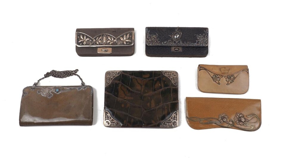 Five silver mounted purses and card cases, including a leather example with pierced silver Art-Nouveau style corners, London, 1901, JS, 10.2 x 13.1cm, and a tan leather Austro-Hungarian example, 1867-1872, decorated with Art-Nouveau style flower...