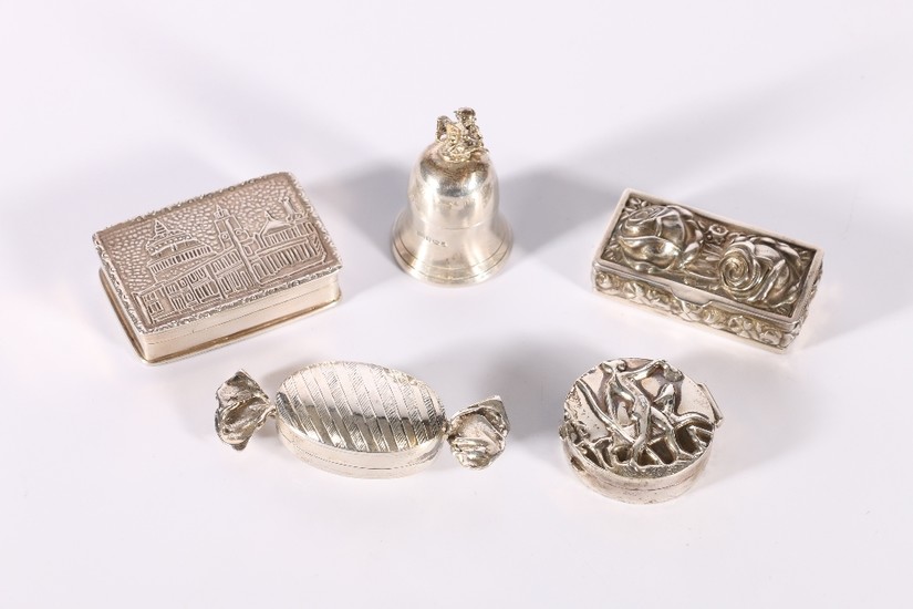 Five silver pill boxes in the form of a sweetie maker CME, a...