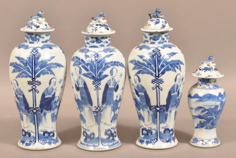 Four Blue and White Oriental Porcelain Covered Vases.