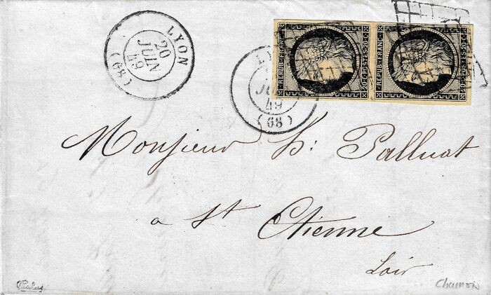 France 1849 - Ceres, 20 centimes black on buff in pair on letter - Yvert 3b