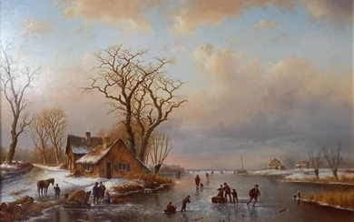 Fred Arends (1949) - Winter landschap met vele figuren