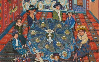 Fred Yates (1922-2008), Ladies at tea-time, Oil on Masonite, 48" H x 44" W
