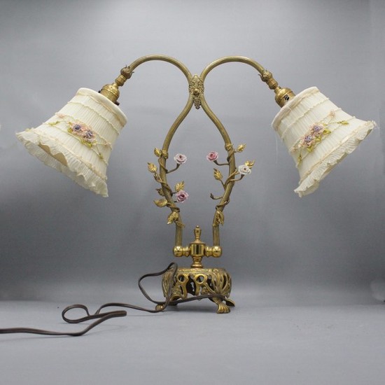 French Brass with Porcelain Flowers 2-Light Piano Lamp