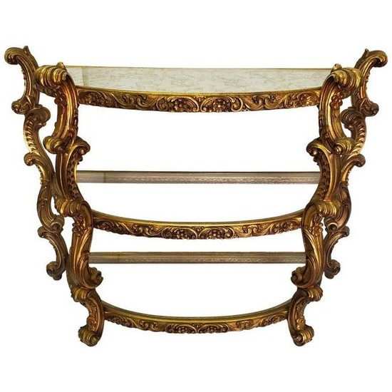 French Hand Made Giltwood Three GlassTier Console Table