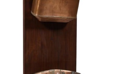 French Provincial Copper and Walnut Lavabo, 20th c., melon form crest, hanging copper reservoir