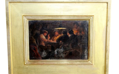 French oil on board painting "The Old Card Players" by...