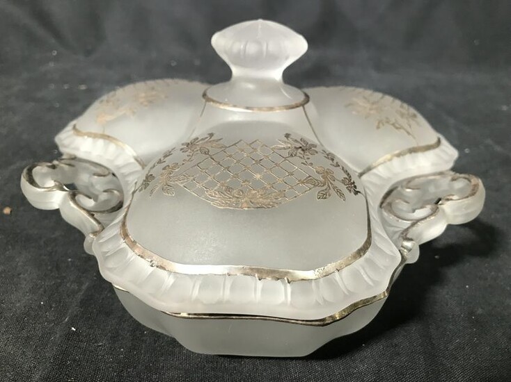 Frosted Ornately Detailed Lidded Clover Dish