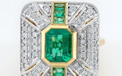 (GIA Certified) - (Emerald) 1.50 Cts - (Emerald) 0.28 Cts (6) Pcs-(Diamond) 0.40 Cts (40) Pcs - Ring White gold, Yellow gold
