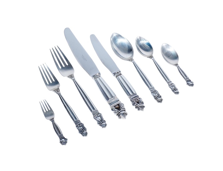 Georg Jensen Danish Sterling Silver Flat Table Service, Copenhagen, Acorn Pattern, Introduced 1915, Mid-20th Century, 81 Pieces; 83.9 ozt Weighable
