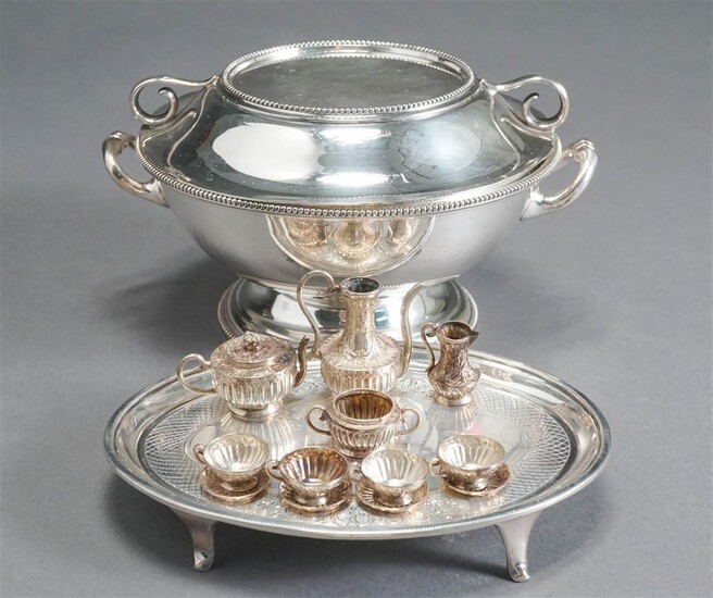 George III Silver Footed Tea Pot Stand; Together with a Silver 12-Piece Miniature Tea Service, 4.8 oz, and an Elkington Plated Dish
