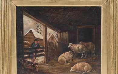 George Morland: Stable with sheep, in the doorway a man watching them