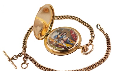 Gold, three-case, pocket watch with a chain and an erotic...