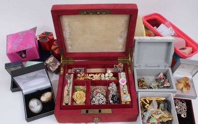 Group of vintage costume jewellery including collection of cameo brooches, silver and enamel butterfly brooch, simulated pearl necklaces, other beads, earrings etc
