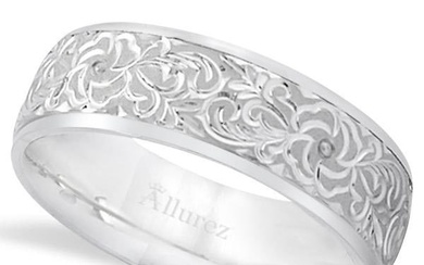 Hand-Engraved Flower Wedding Ring Wide Band 14k White Gold 7mm