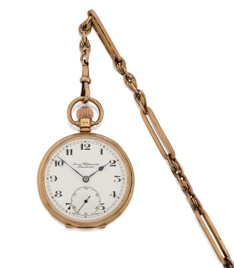 Henry Wadsworth, Manchester. A 9ct gold manual wind open face pocket watch with 9ct gold T-bar and chain, Birmingham hallmark for 1939 White enamel dial with black Arabic hourly numerals , large subsidiary seconds at 6, blued spade hands, 17 jewel...