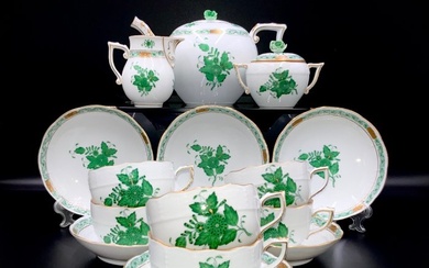 Herend - Exquisite Tea Set for 6 Persons (15 pcs) - "Chinese Bouquet Apponyi Green" - Tea service - Hand Painted Porcelain
