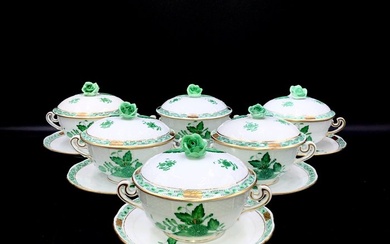 Herend - Set of Soup Cups with Rose Knob Lid and Saucers (18 pcs) - "Chinese Bouquet" - Soup bowl - Hand Painted Porcelain