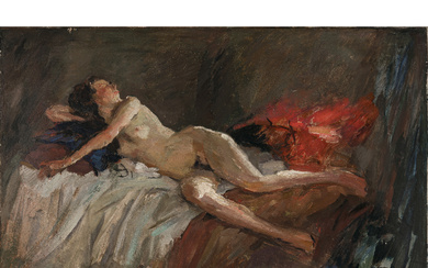Hermann Groeber - Reclining female nude with red cloth