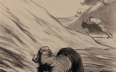 Honoré DAUMIER (1808-1879) L’âne et les deux voleurs Lithographie sur vélin. Bertauts imprimeur. 31 x...