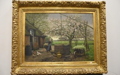 Huile sur toile signée Henri Houben "Jeune fermière au travail" (60 x 85cm)