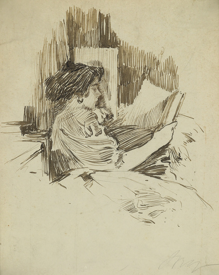 IRVING RAMSEY WILES Gladys, The Artist's Daughter, Reading Pen and ink on paper....