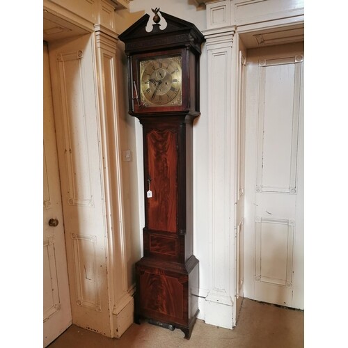 Irish Georgian inlaid mahogany long cased clock with brass d...