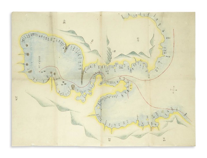 (JAPAN -- PERRY.) Fine manuscript map of Commodore Perry's Black Ship squadron entering...