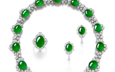 Jadeite, Diamond and Gemstone Necklace, Ring and Pair of Earrings...