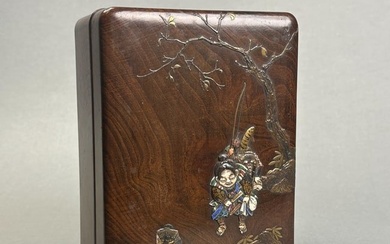 Japanese Meiji Wood Box with Lacquer Samurai, Meiji Period