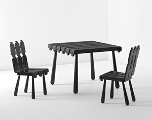 Jean Royère, 'Quille' table and pair of chairs