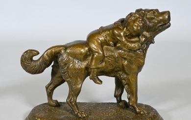 Joseph Victor Chemin (1825-1901) sculpture en bronze à patine dorée nuancée, figurant un garçonnet sur...