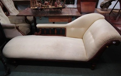 LATE VICTORIAN CHAISE LOUNGE, with mahogany frame, rolled ba...
