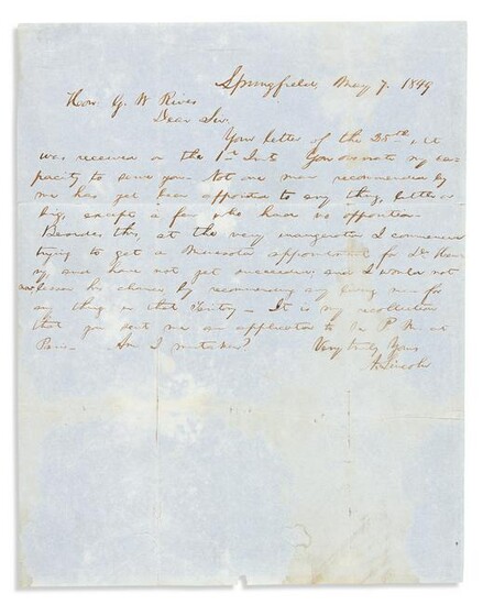 LINCOLN, ABRAHAM. Autograph Letter Signed, "A.Lincoln,"