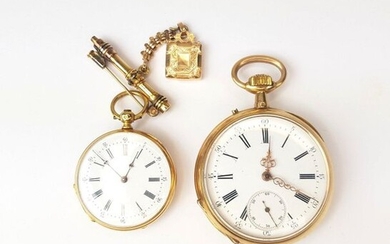 LOT of two 750 gold pocket or neck watches ‰ with attachment bar, white enamel dial, Roman numerals, pendant winder, total PB 103.7 g