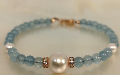 # LOW RESERVE PRICE # - 925 Akoya pearls, Saltwater pearls, Silver, Semi-precious stones Aquamarine - Bracelet - Aquamarine