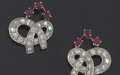 Ladies' Pair of Platinum, Gold, Diamond and lab Grown Ruby Earrings