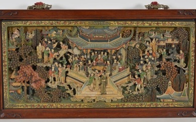 Large 19th century Chinese heavy wood carved plaque depicting an Imperial court scene with paint