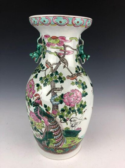 Large 20 th C. Asian Famille Rose Peacock Floral Vase w